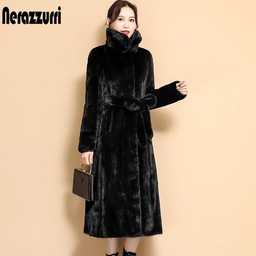 Quality Winter Long Fluffy Faux Fur Coat, Plus Size Black Mink Coat