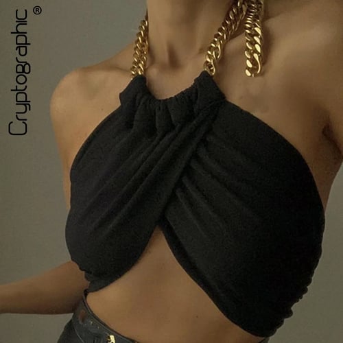 Black Gold Chain Halter Top Streetwear Crisscross Strap Backless Wrap Crop Tube