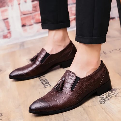 Men Dress Shoes Leather Slip on Tassel Loafers Pointed Toe Business Wedding Work Oxfords Moccasins