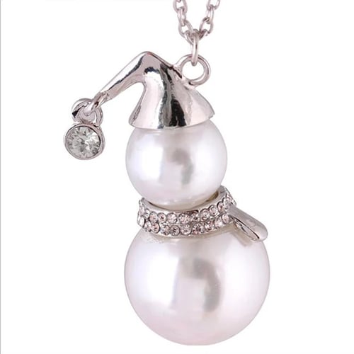 Cute Women's Snowman White Pearl Pendant Long Necklace Jewelry Gift 
