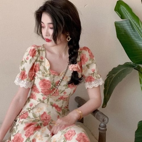 One Piece Dress Korean V Neck Vintage Dresses Women Short Sleeve Design Elegant Floral Dress Female Party 21 Summer Casual Buy One Piece Dress Korean V Neck Vintage Dresses Women Short Sleeve Design