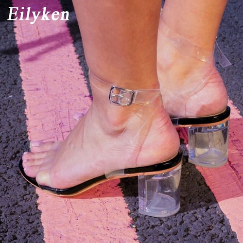 Fashion Women Peep Toe Transparent Block Heels Buckle Party Sandals Summer Shoes 
