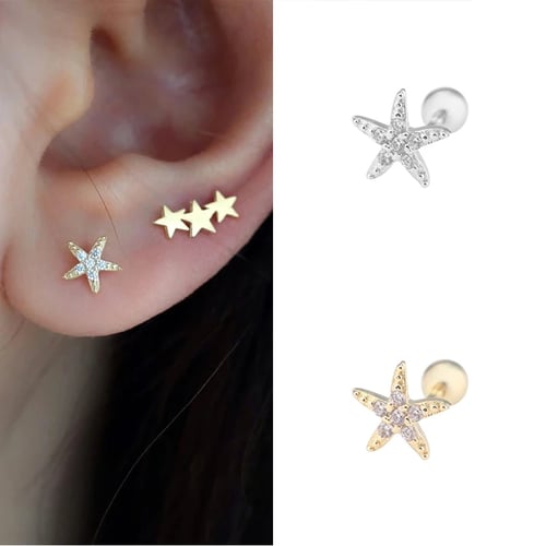 1X Moon Star Flower 925 Silver Ear Stud Cartilage Helix Tragus Piercing Earring 