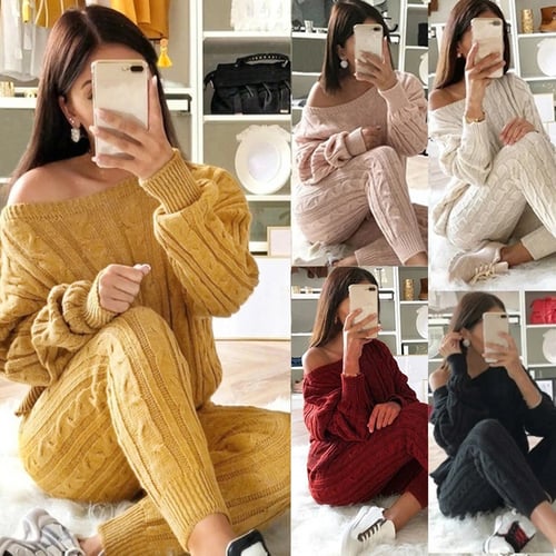 Autumn Women Sweater Set Warm Knitted Sets O Neck Solid Knitting Sweater and Long Pants Set
