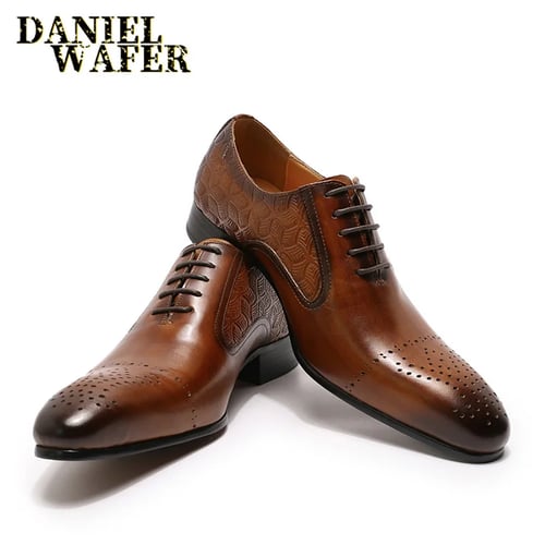 Men Wingtip Oxfords Leather Brogue Pointy Toe Lace Up Shoes Formal Wedding Dress