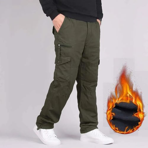 Men's Cargo Multi-pocket Pants Camouflage Fleeces Lined Thick Trousers Military 