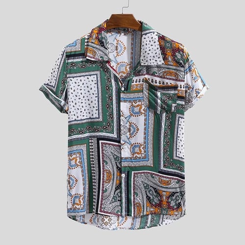 Mens Casual Button Shirts Vintage Ethnic Printed Turn Down Collar Short Sleeve Loose Shirt