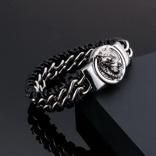 Men's Vintage Stainless Steel Wolf Head Clasp Leather Bracelet Bangle Wristband 