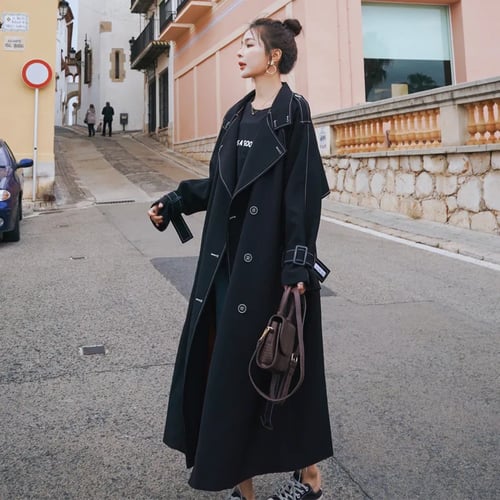 2020 Fashion Black Classic Hepburn Long, How To Wear A Black Trench Coat Female