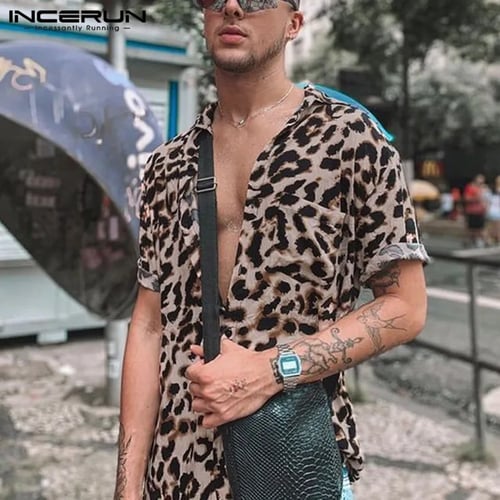 Men's Short Sleeve Leopard Printed Shirts Casual Loose Beach Party Tops Blouses 