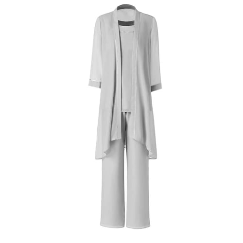 Grey Three Piece Mother of the Bride Pant Suit Dresses with Long Jackets Chiffon 
