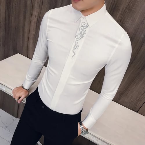Domple Men Fashion Long Sleeve Hair Stylist Work Nightclub Embroidery Button Down Shirts Tops 