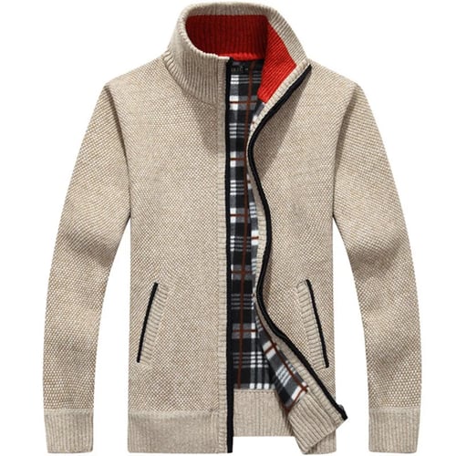 Men Winter Warm Sweater Stand Collar Knit Thick Sweater Cardigan Zip Jacket Coat 