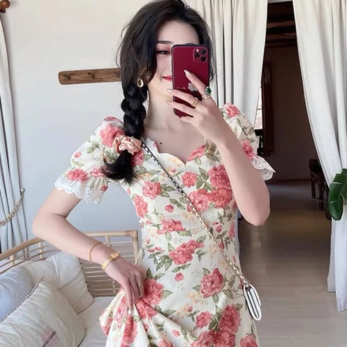 One Piece Dress Korean V Neck Vintage Dresses Women Short Sleeve Design Elegant Floral Dress Female Party 21 Summer Casual Buy One Piece Dress Korean V Neck Vintage Dresses Women Short Sleeve Design
