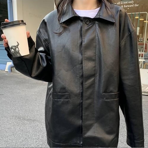 Casual Black Leather Jacket Women Korean Thin Loose Moto Female 2021 Spring Fashion Streetwear Lady Outerwear Biker Coats Casual Black Leather Jacket Women, Are Long Leather Coats In Style 2021