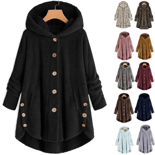 STORTO Womens Plus Size Coat Winter Warm Hoodie Coat Wool Zipper Solid Cotton Outwear