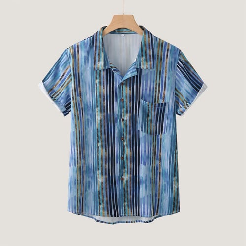 Mens Casual Shirt Striped Button Down Regular-Fit Short Sleeve Loose Hawaiian Shirts 