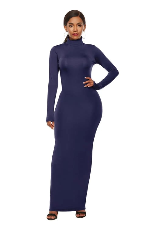 Fashion Women Long Sleeve Solid Bodycon Elastic Slim Package Hip Maxi Dress 