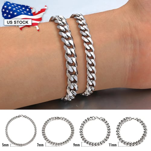 Men's Fashion Silver Stainless Steel Chain Link Bracelet Punk Wristband Bangle