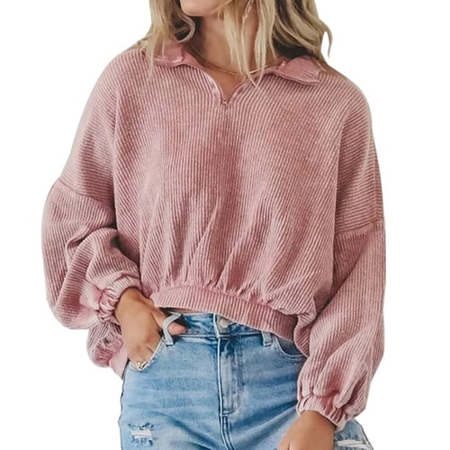 POTO Crop Sweatshirts for Women Teen Girls Long Sleeve Crop Top Solid Zip Up Hoodies Corduroy Casual Hooded Sweaters 