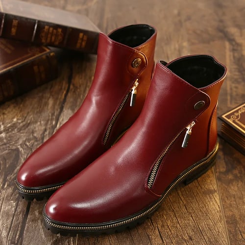 Men's Classic Leather Dress Casual Chelsea Zipper Slip On Ankle Boots Flat Shoes