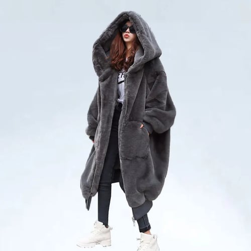 25 Degrees Fluffy Faux Fur Coat Women, Fluffy Faux Fur Coat Grey