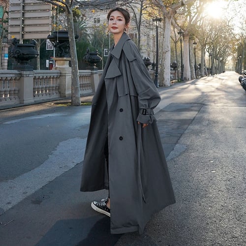 Korean Style Loose Oversized X Long, Grey Winter Trench Coat Womens