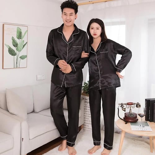 Couple Men Women Satin Pyjamas Sets Long Sleeve Silk Sleepwear Nightwear PJs 