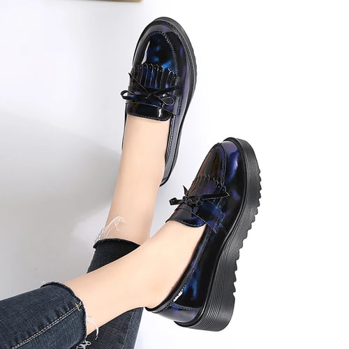 Womens Slip On Loafers Patent Leather Casual Flats Shoes Spring Bowknot Tassel 