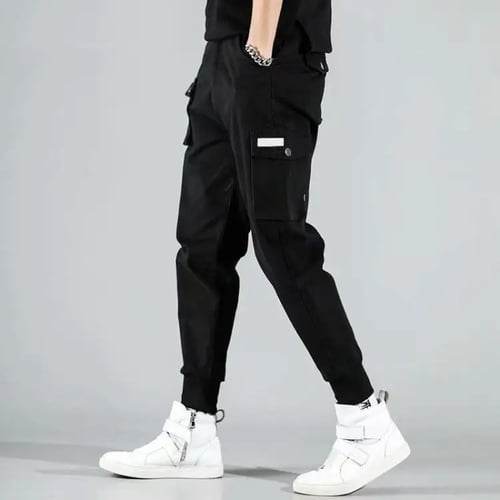 New Men Multi-Pocket Elastic Waist Design Harem Pant Street Punk Hip Hop Red 5XL Black XL