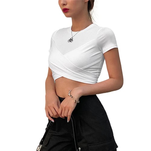 Fashion Women Solid V-Neck Short Sleeve Cross Overlap Fold Casual Top T-Shirt 