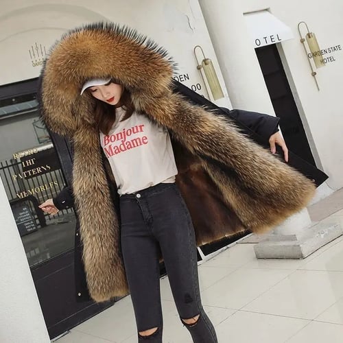 SELX-Women Real Raccoon Fur Parka Casual Long Hooded Coat Detachable Jackets 