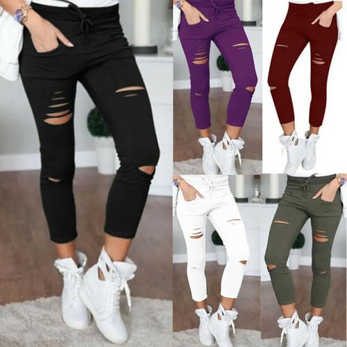 Women's Skinny Pencil Pants Leggings Stretch Ripped Trousers High Waist Casual 
