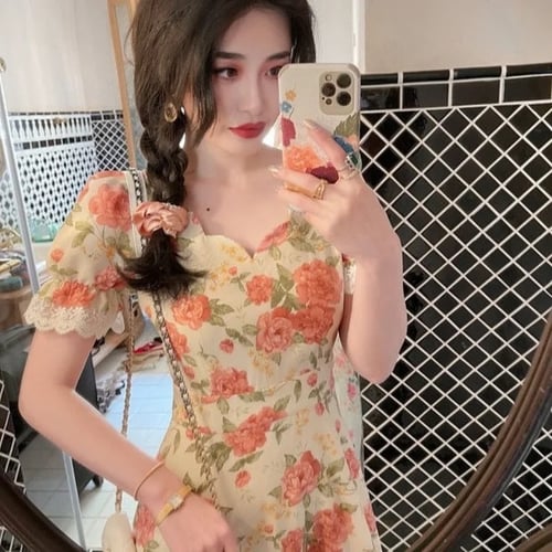 One Piece Dress Korean V Neck Vintage Dresses Women Short Sleeve Design Elegant Floral Dress Female Party 21 Summer Casual Buy One Piece Dress Korean V Neck Vintage Dresses Women Short Sleeve Design