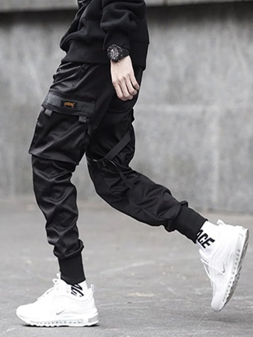 ZongCheng pants Men Multi-Pocket Elastic Waist Design Harem Pant Men Streetwear Punk Hip Hop Casual Trousers,Black,L