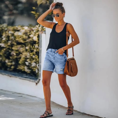 New Summer High Waist Denim Shorts Women Casual Loose Ladies Fashion Plus Size Elastic Waist Wide Leg Short Jeans Pockets Buy New Summer High Waist Denim Shorts Women