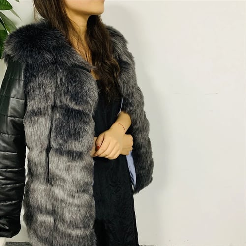 Faux Fur Coat Slim Leather Jacket Women, Fake Fur Coats With Leather Sleeves