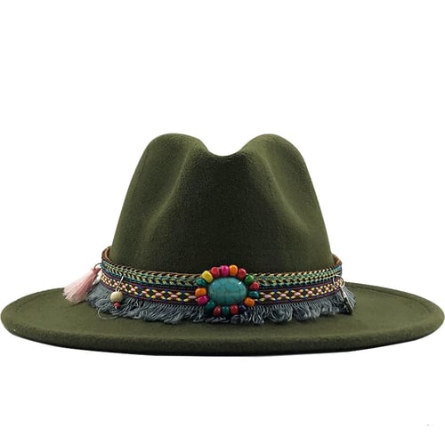 Mens Woolen Wide Brim Fedora Hats Classic Vintage Trilby Hat Jazz Cap with Leopard Print Leather Belt