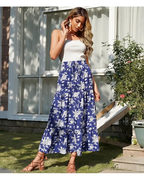 Womens Bohemian Style Print Long Maxi Skirt 