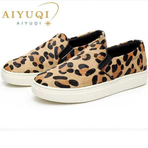 2019 New Genuine Leather Female Leopard Print Loafers Horse Hair Bottom one Pedal Shoes