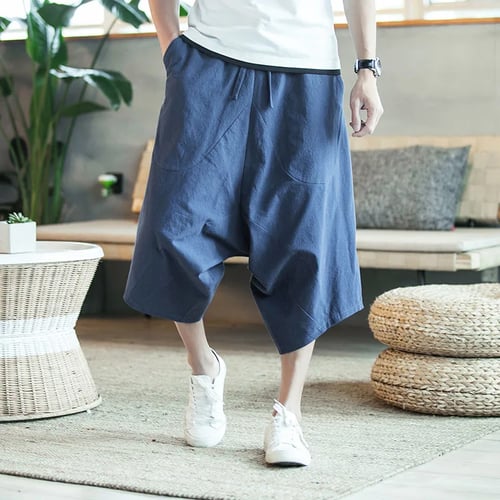 YUNY Mens Students Harem Long Pants Grid Loose Casual Trousers Navy Blue 3XL 