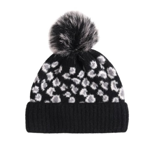 Black Bobble Hat with Leopard Faux Fur Pom removable pom