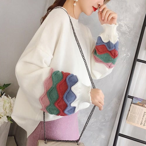 Womens Fall and Winter Round collar Hubble-bubble sleeve Sweaters Knit Jumpers
