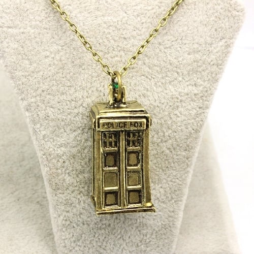 Fashion Doctor Who Police Box Necklace Vintage Pewter Long Chain Pendant 