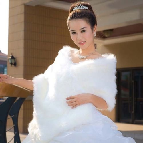 New White Faux Fur Wedding Bridal Shawl Wrap Stole Shrug Jacket Cape 