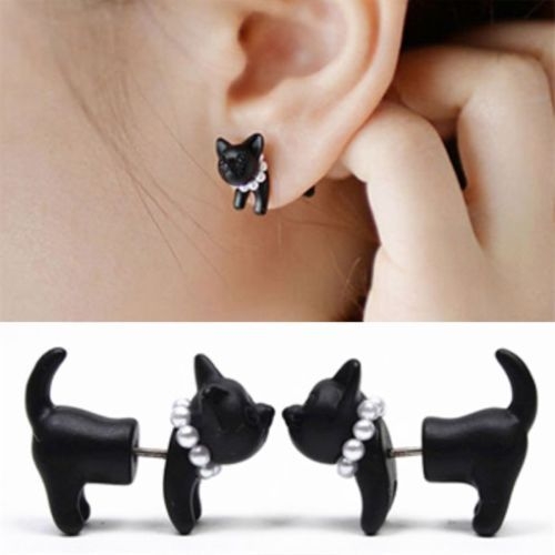 1Pc Black Punk Cool Simple Stereoscopic Cat Kitten Impalement Lady Stud Earring 