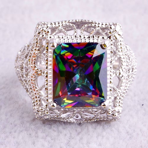Wedding Blue&Pink &Rainbow Topaz&Amethyst Gems Silver Ring Sz6 7 8 9 10 11 12 13 