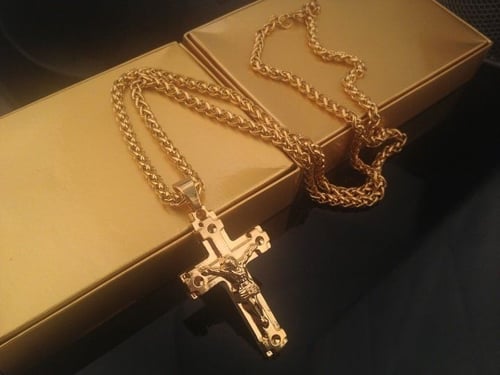 Men's Gold Plated Rhinestone Crystal Jesus Cross Pendant Sweater Chain Necklace