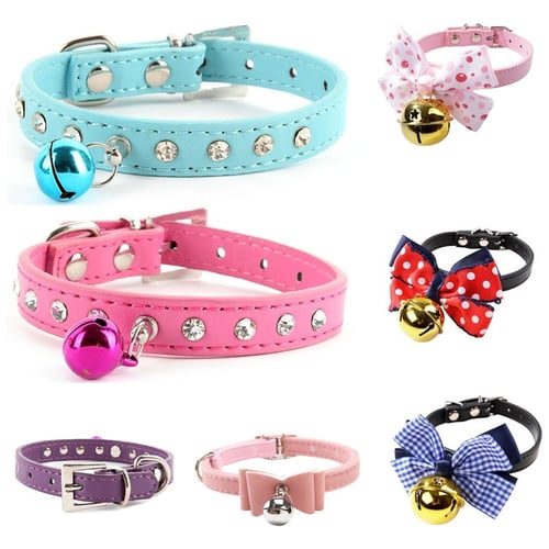 Pet Dog Cat PU Leather Rhinestone Necklace Neck Strap Puppy Buckle Bell Collar 