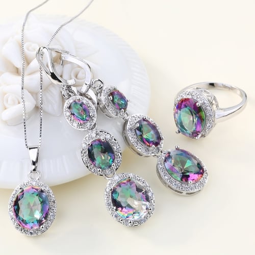 Women 925 Sterling Silver Gemstone Necklace Pendant Rings Earrings Jewelry Sets